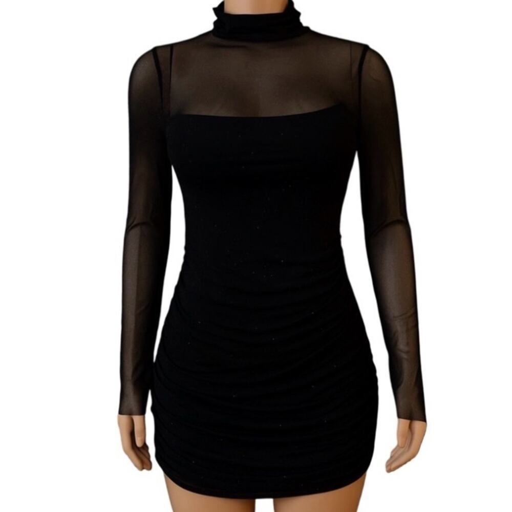 Mango Black Mesh Long Sleeve Glitter Dress - Size 4 NWOT